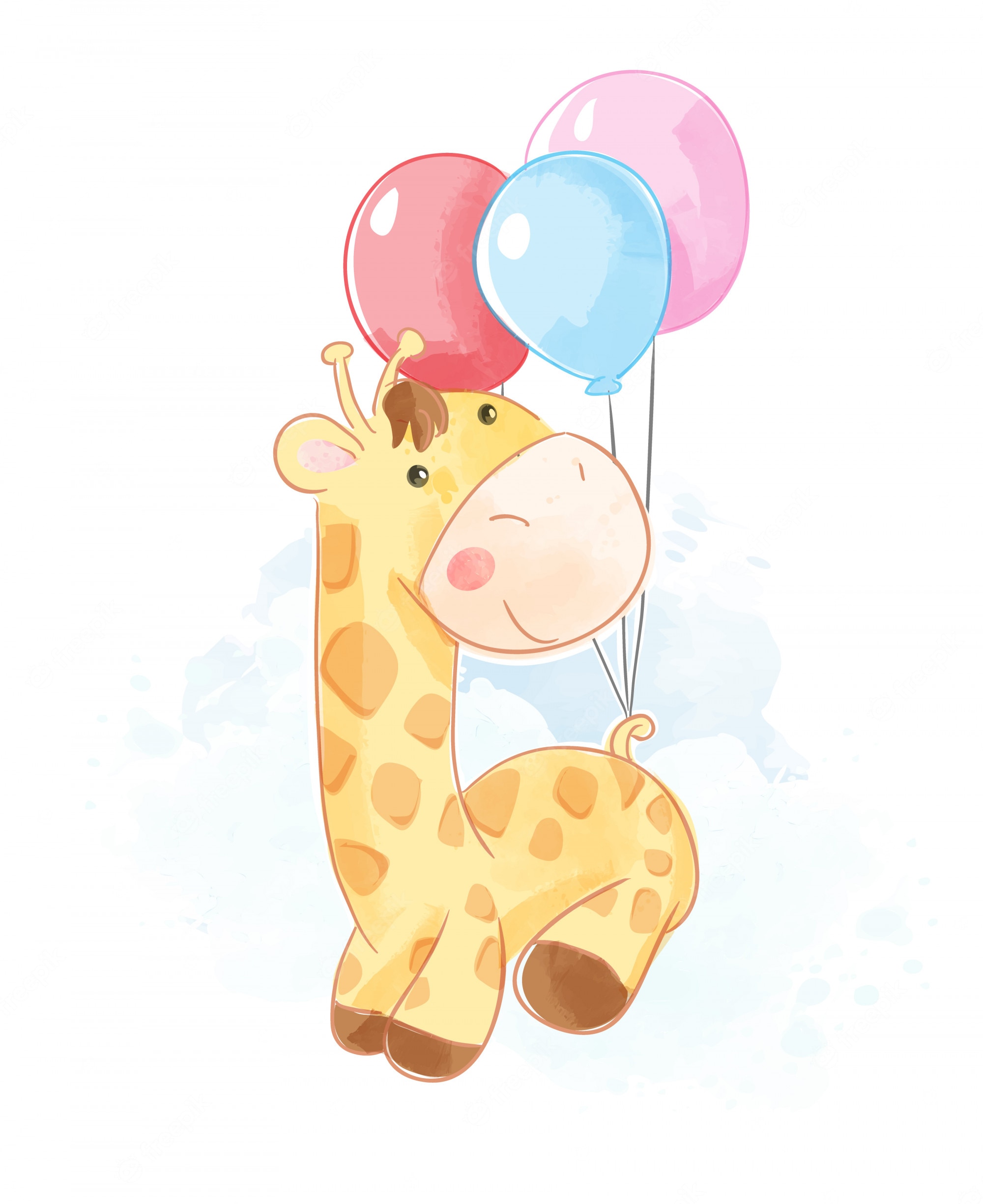 Cute cartoon giraffe holding red, pink, and blue balloons with a joyful expression.