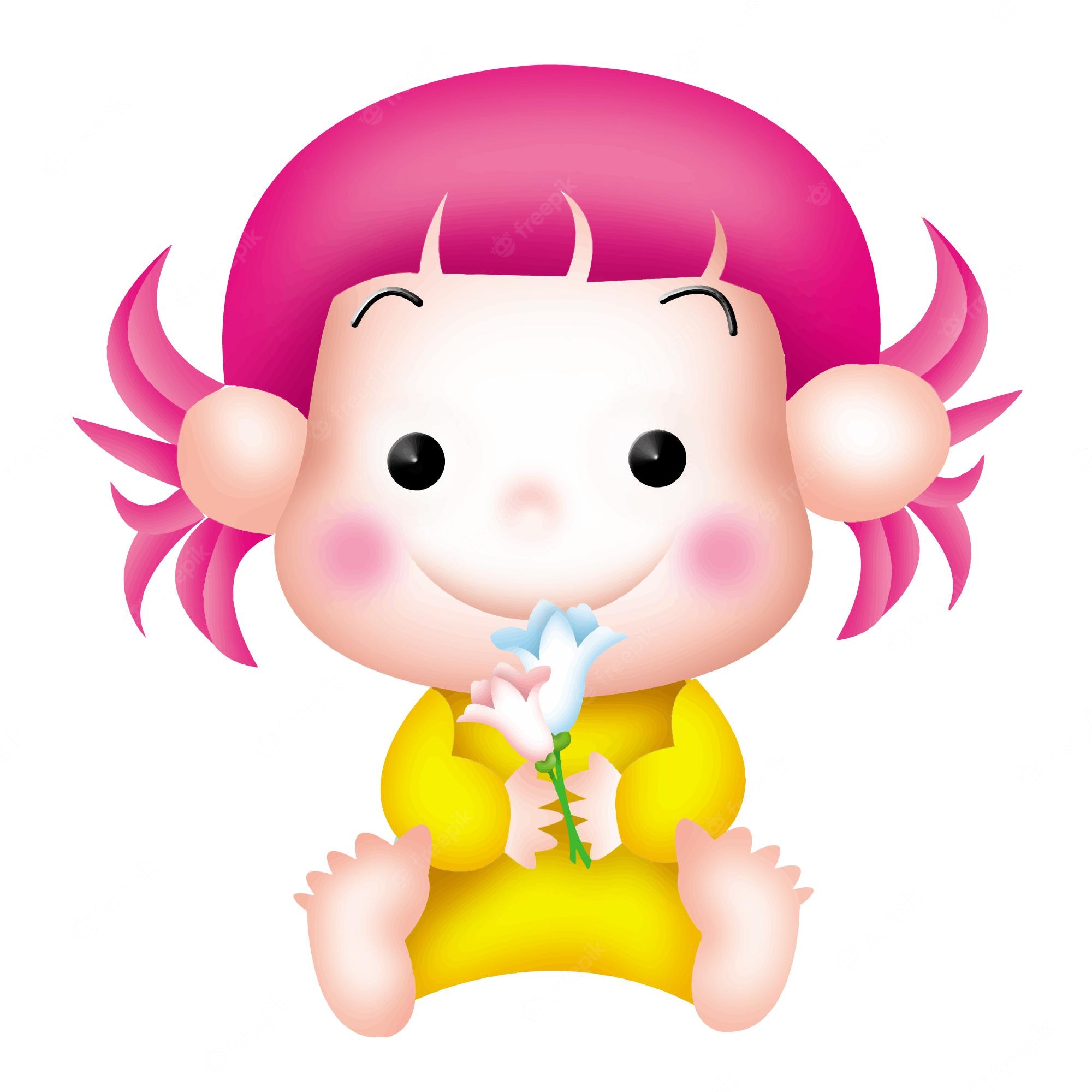 Adorable Cartoon Baby Girl with Pink Hair Holding Flowers - Free Illustration
