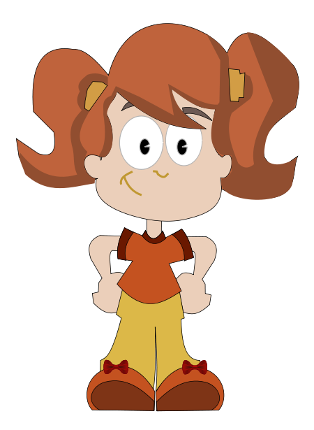 Cartoon girl with orange pigtails, wearing orange shirt and yellow pants, hands on hips, smiling confidently.