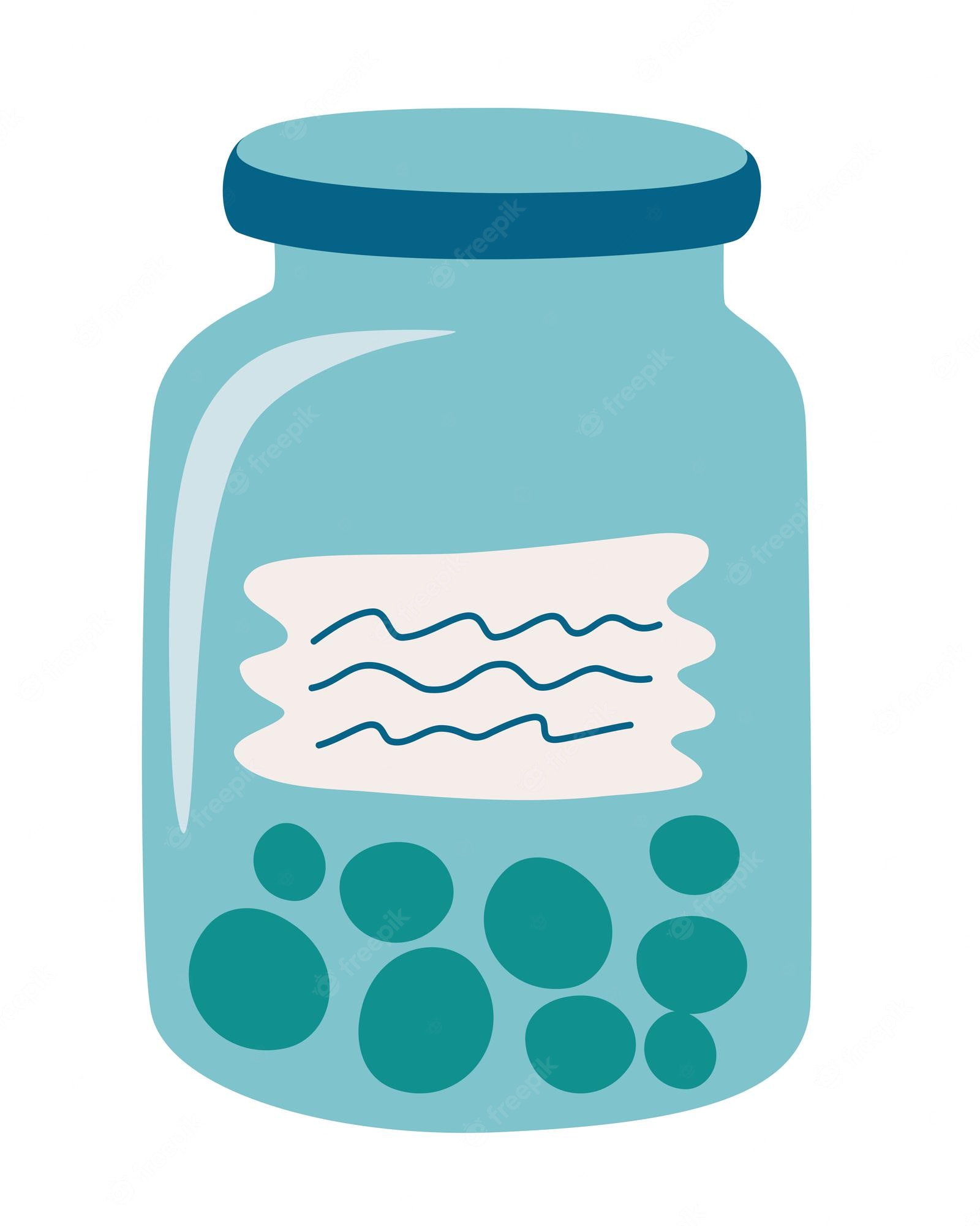A light blue glass jar with a dark blue lid, containing green round objects and a wavy-lined label.