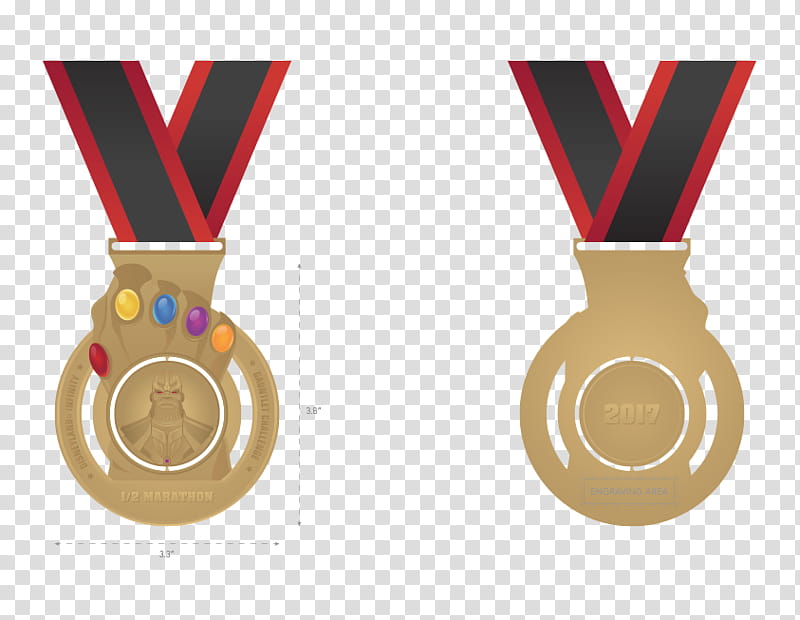 Gold 2017 half-marathon medal with Infinity Gauntlet design and red-black ribbon, front and back views shown with dimensions.