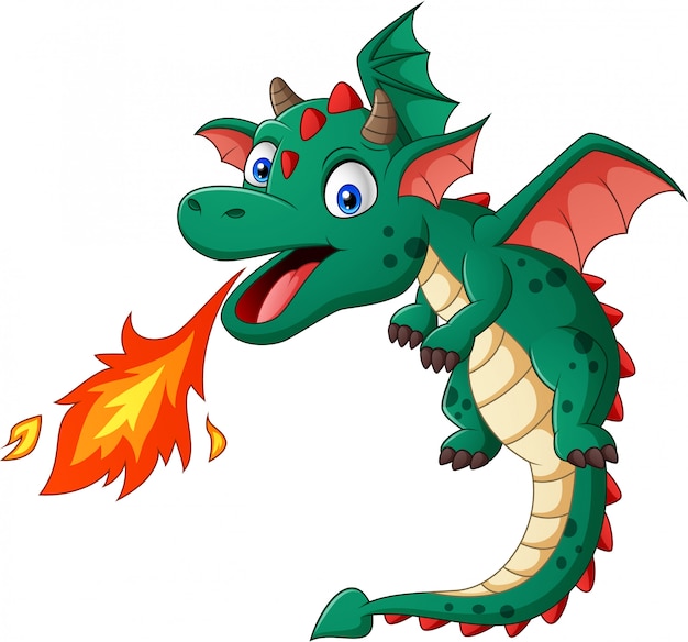 Cute green cartoon dragon breathing fire with red wings and blue eyes.