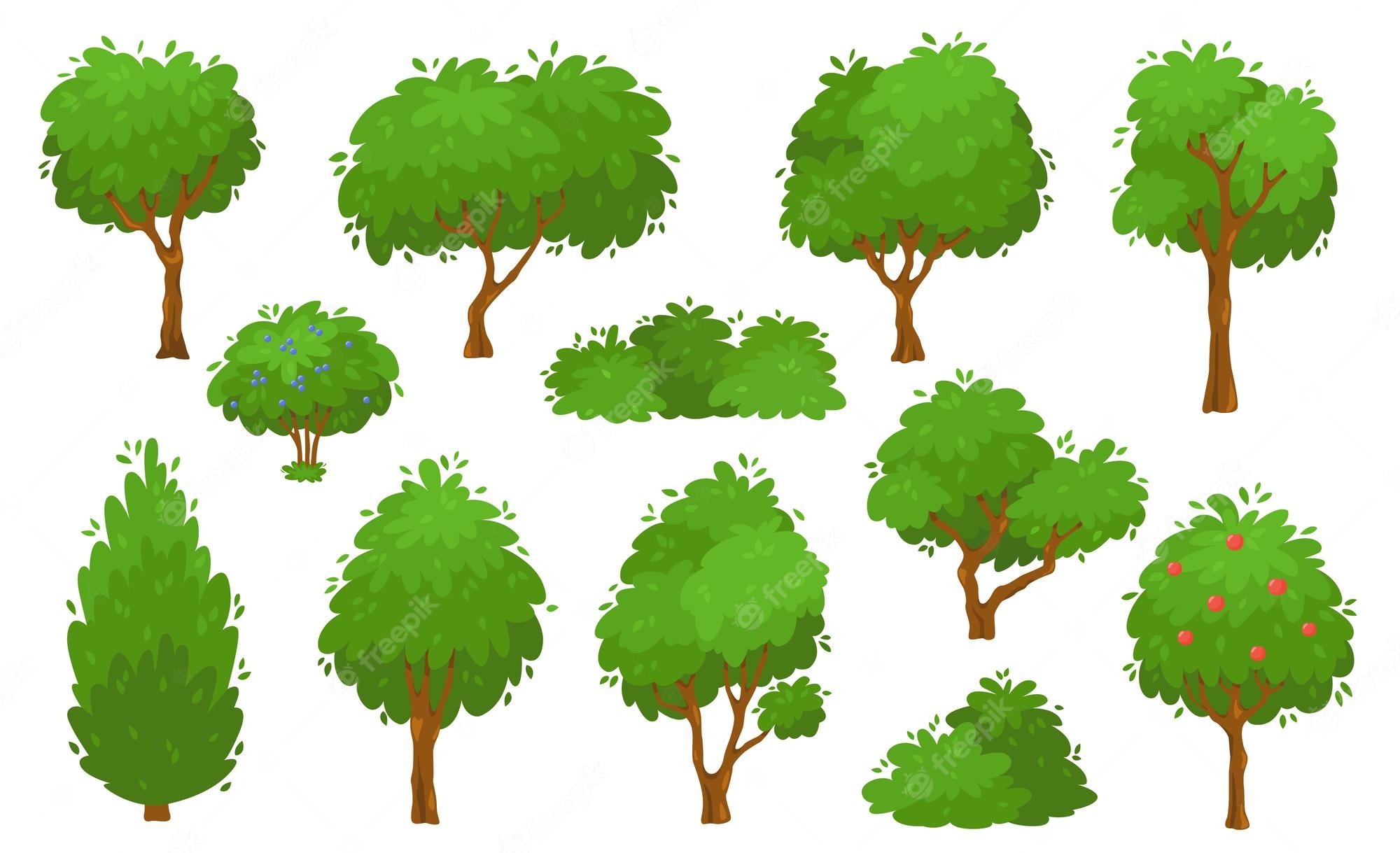 Collection of cartoon-style green trees and shrubs with varying shapes, some bearing blue or red fruits, on white background.