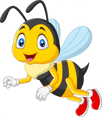 Cheerful cartoon bee with yellow-black stripes, blue eyes, red shoes, and translucent wings mid-flight.