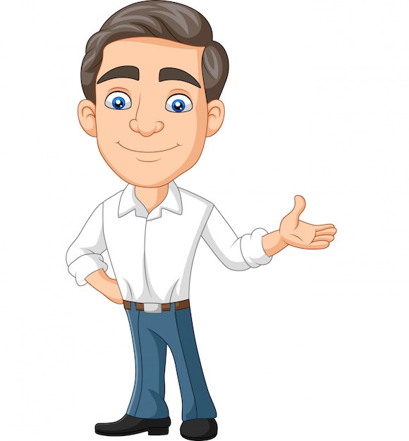Friendly cartoon man in white shirt and jeans gesturing welcomingly with open hand.