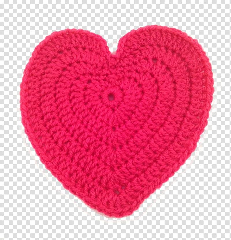 Hand-crocheted vibrant pink heart with textured stitches and concentric pattern, isolated on transparent background.