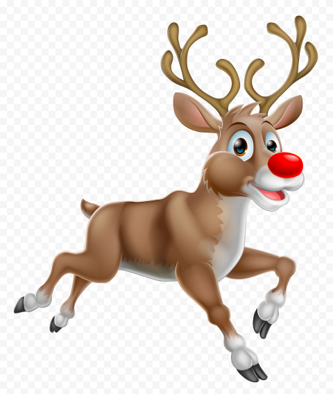 Cheerful cartoon reindeer with red nose leaping mid-air, brown fur, white belly, and large antlers.