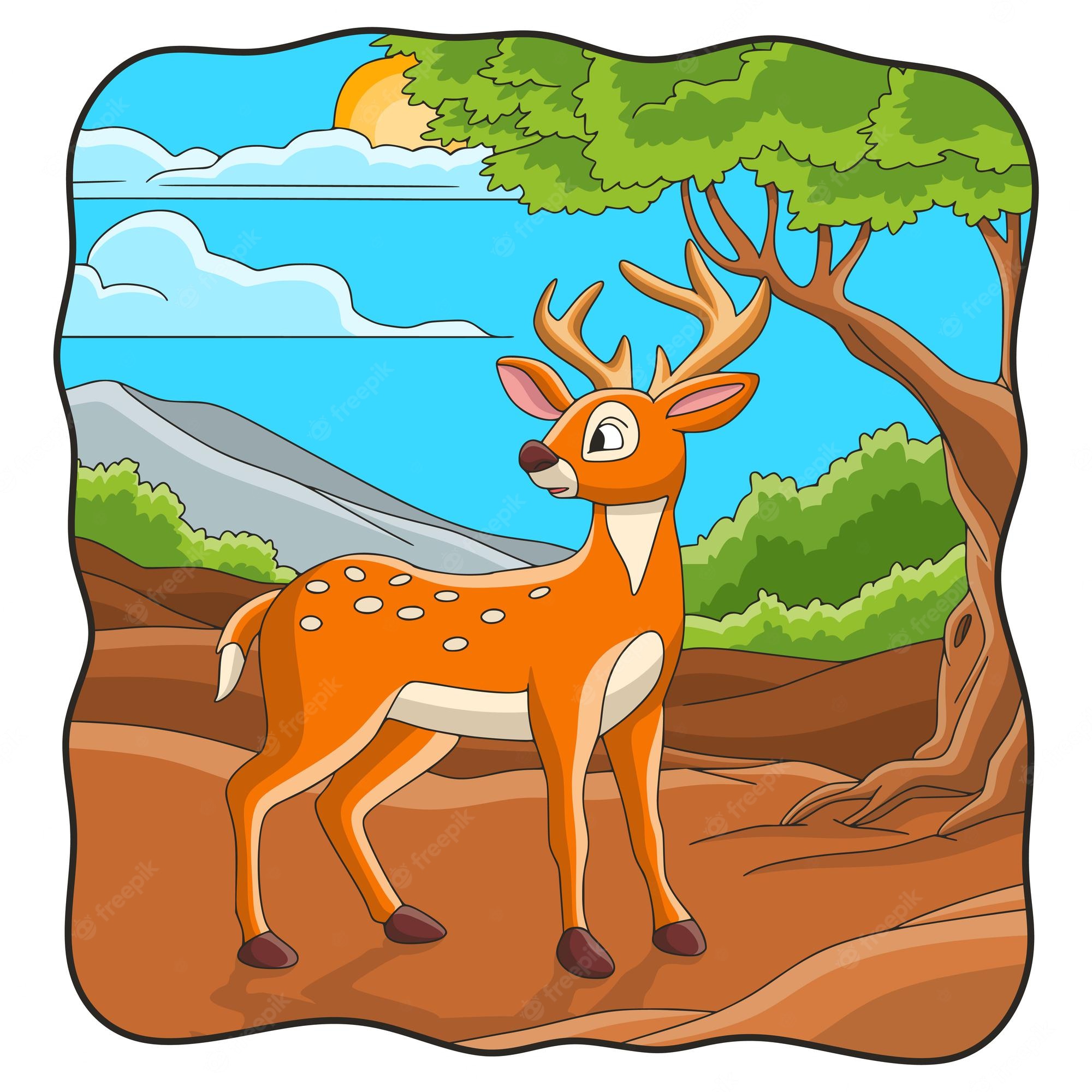 A cartoon spotted deer with antlers stands on a forest path under a sunny sky with mountains and trees in the background.