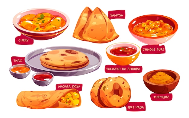 Illustrated collection of popular Indian dishes including curry, samosa, chhole puri, dosa, and more.