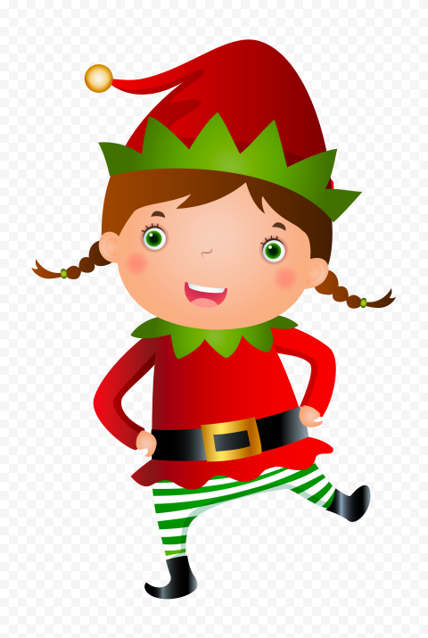 Cheerful cartoon girl elf in red and green outfit with pointed hat, braided hair, and striped stockings, posing playfully.