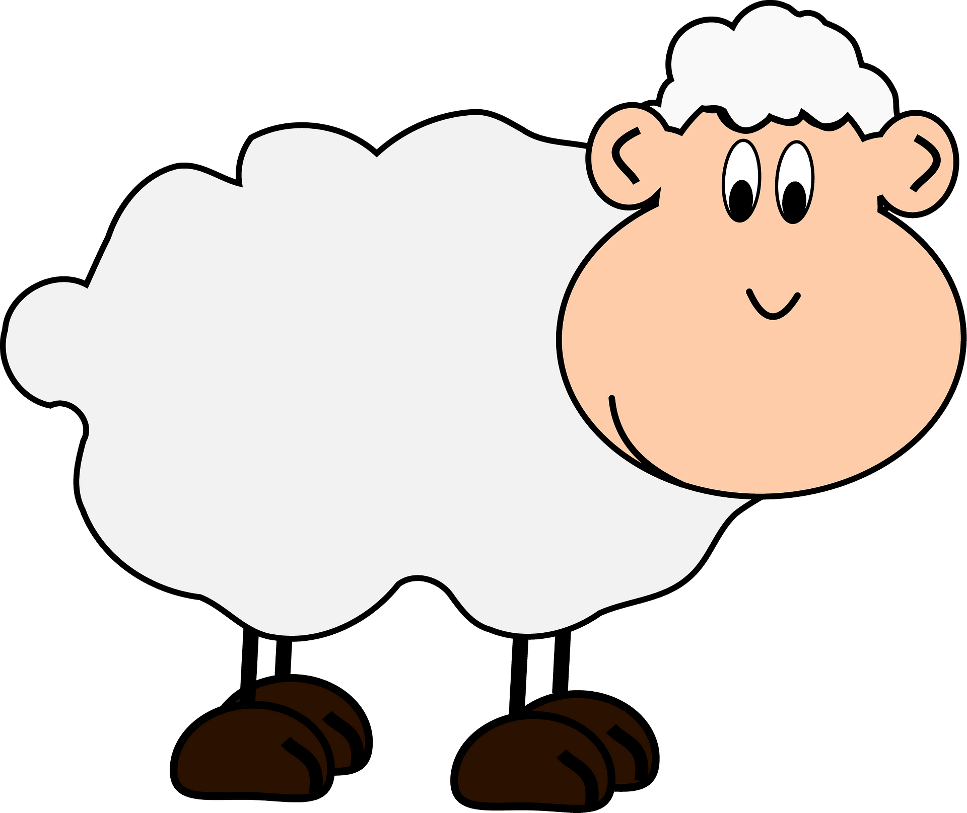 Friendly cartoon sheep with fluffy white wool, smiling face, and brown hooves on a gray background.