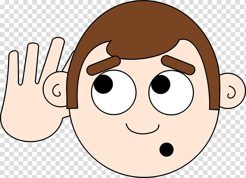 Cartoon boy with brown hair cupping hand to ear, wide-eyed and curious, listening intently.