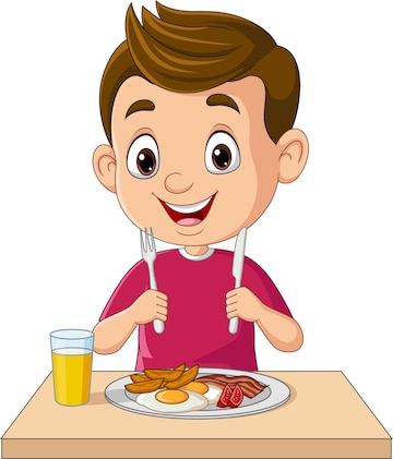 Happy cartoon boy eating breakfast with eggs, bacon, toast, and orange juice, holding fork and knife.