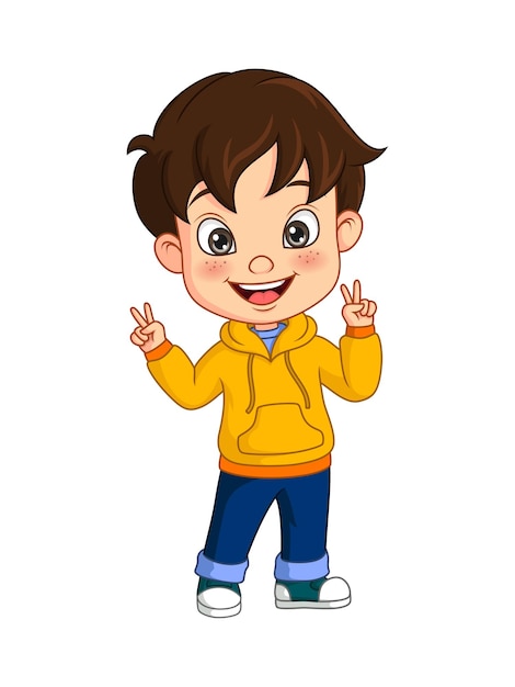 Cheerful cartoon boy in yellow hoodie making peace signs with both hands.