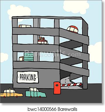 Cartoon-style multi-level parking garage with cars, entrance barrier, and "PARKING" sign under blue sky.