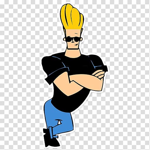 Cartoon character with spiky yellow hair, sunglasses, black shirt, blue jeans, arms crossed confidently.