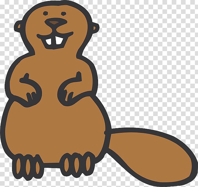 Cartoon beaver with large front teeth, upright posture, and flat tail on transparent background.