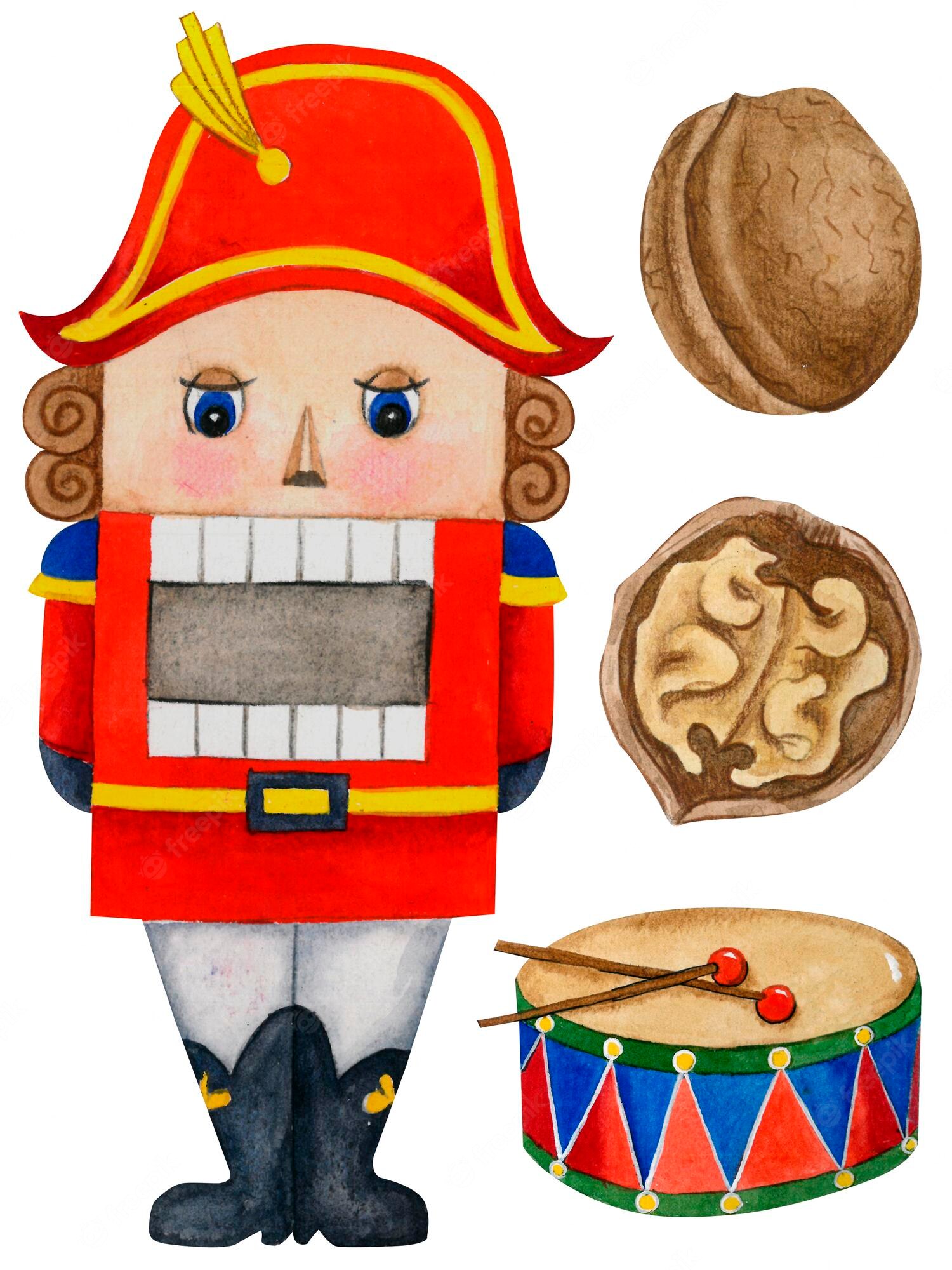 Watercolor illustration of a nutcracker soldier, walnut (whole and cracked), and a drum with drumsticks.