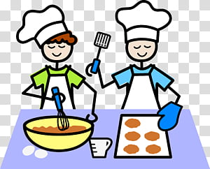 Two cheerful cartoon chefs-one whisking batter, the other holding a spatula and tray of cookies-collaborating in a kitchen.