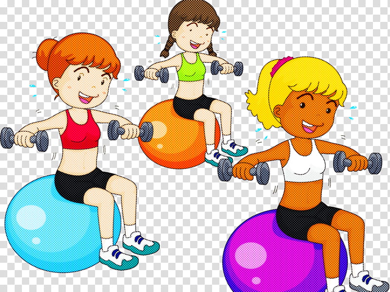 Three smiling girls exercising with dumbbells on colorful stability balls.