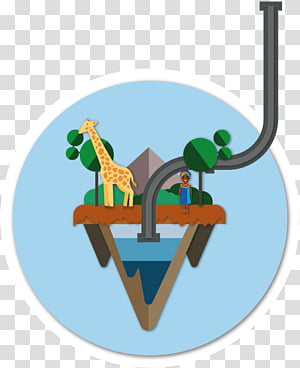 A stylized illustration of a giraffe and person on a floating island connected by a pipe to an underground water source.