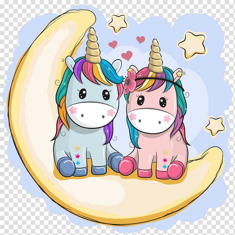 Two cute cartoon unicorns with rainbow manes sit together on a crescent moon surrounded by stars and hearts.