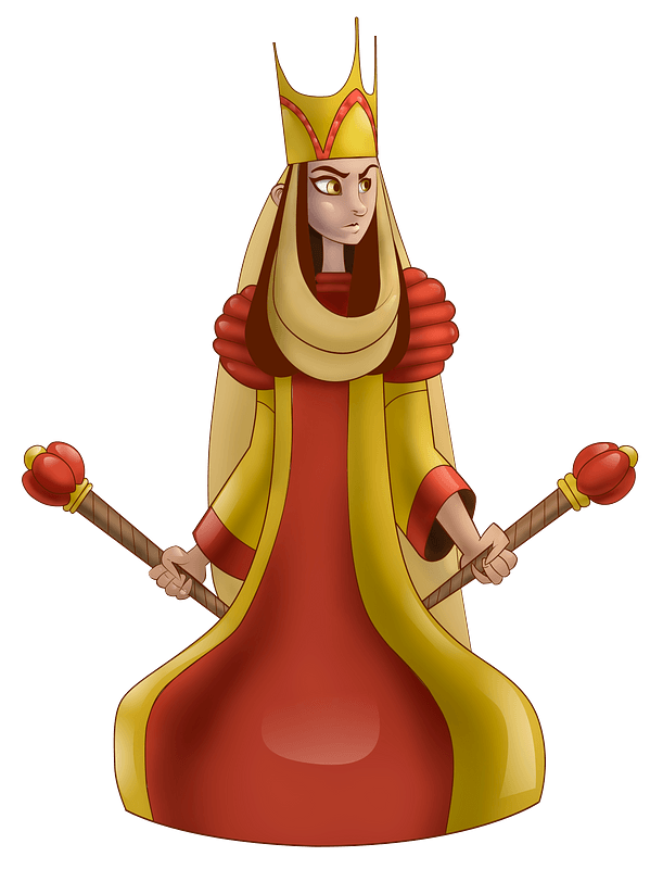 A regal queen in red and gold robes, wearing a crown and holding two scepters with red orbs.