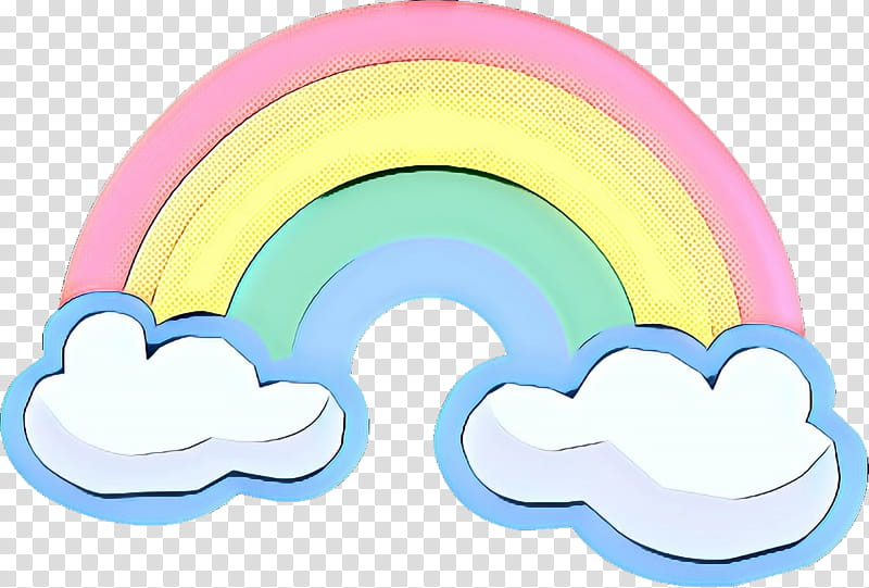 A colorful cartoon-style rainbow with pink, yellow, green, and blue bands arching over two fluffy white clouds on a transparent background.