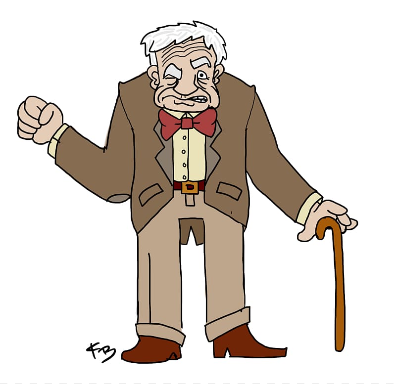 Grumpy elderly man in brown suit, red bowtie, and cane, gesturing angrily.