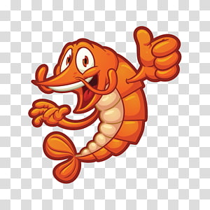 Cheerful cartoon shrimp giving a thumbs-up gesture with expressive eyes and open mouth.
