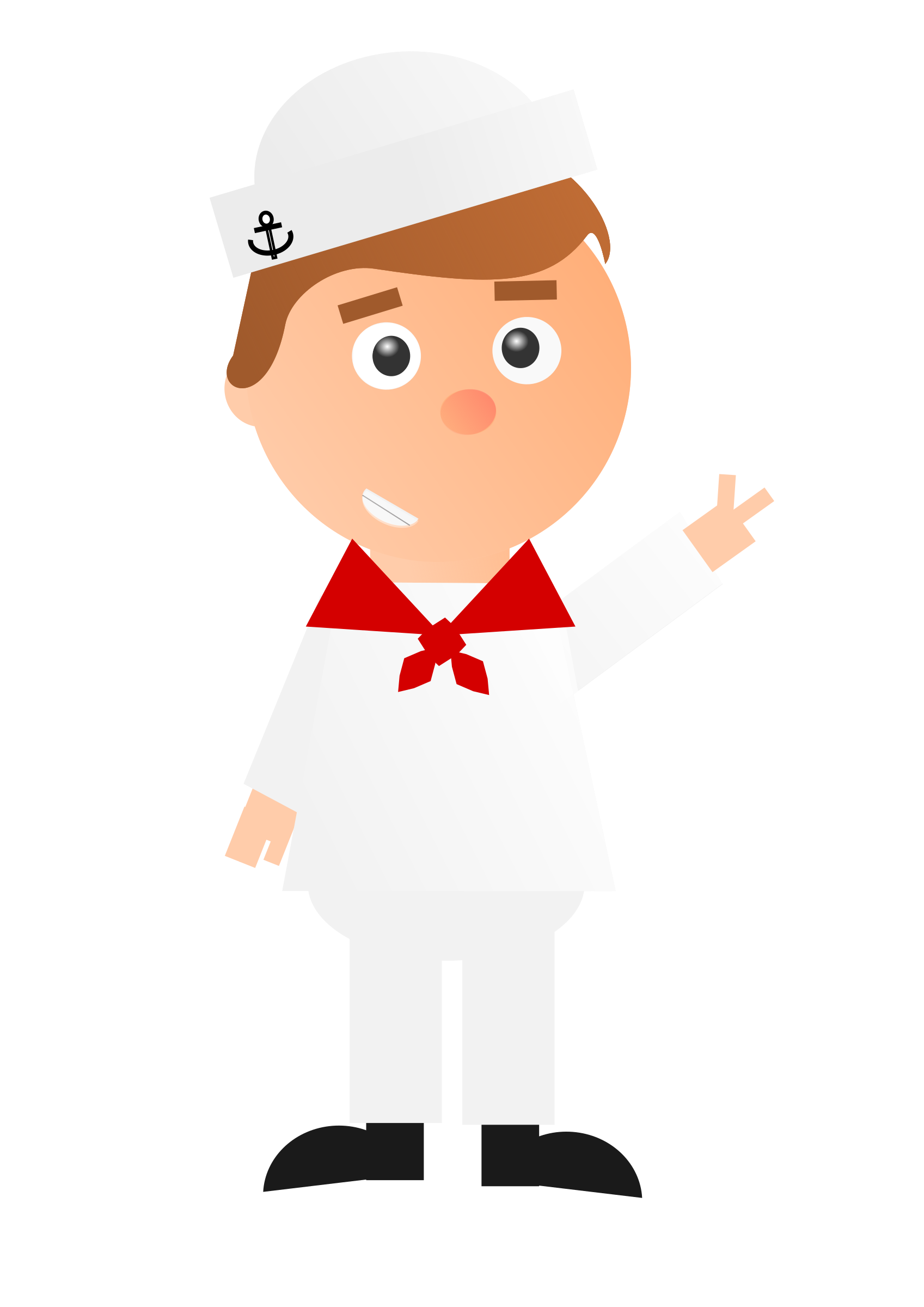 Cartoon sailor boy in white uniform with red neckerchief, pointing right.