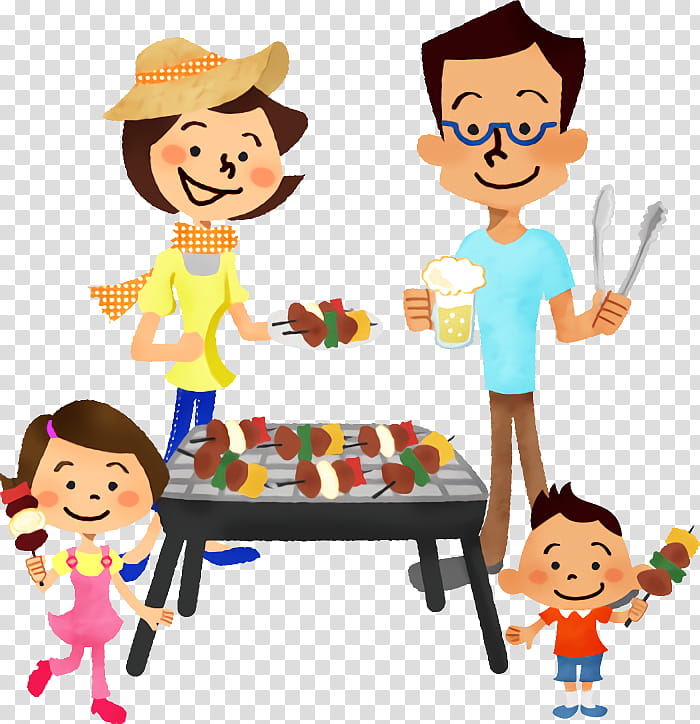 Happy family grilling skewers together at an outdoor barbecue.