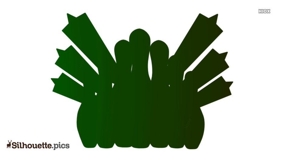 Silhouette of green bowling pins arranged in a classic triangular formation, stylized with sharp angular tops.
