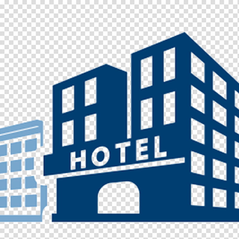 Blue stylized hotel building icon with "HOTEL" signage and adjacent lighter building on transparent background.
