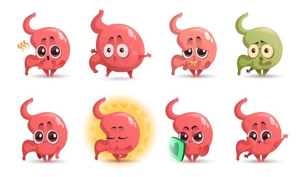 Eight cartoon stomach characters showing various emotions and health states, including happy, sad, sick, and protected.