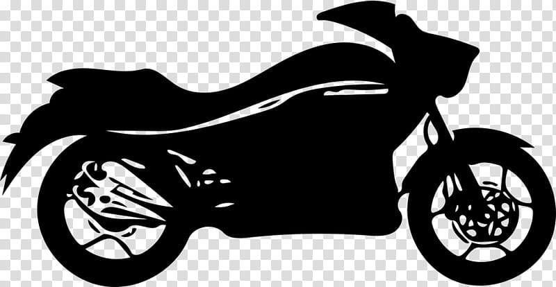 Black silhouette of a sport motorcycle with disc brakes and aerodynamic fairing on transparent background.