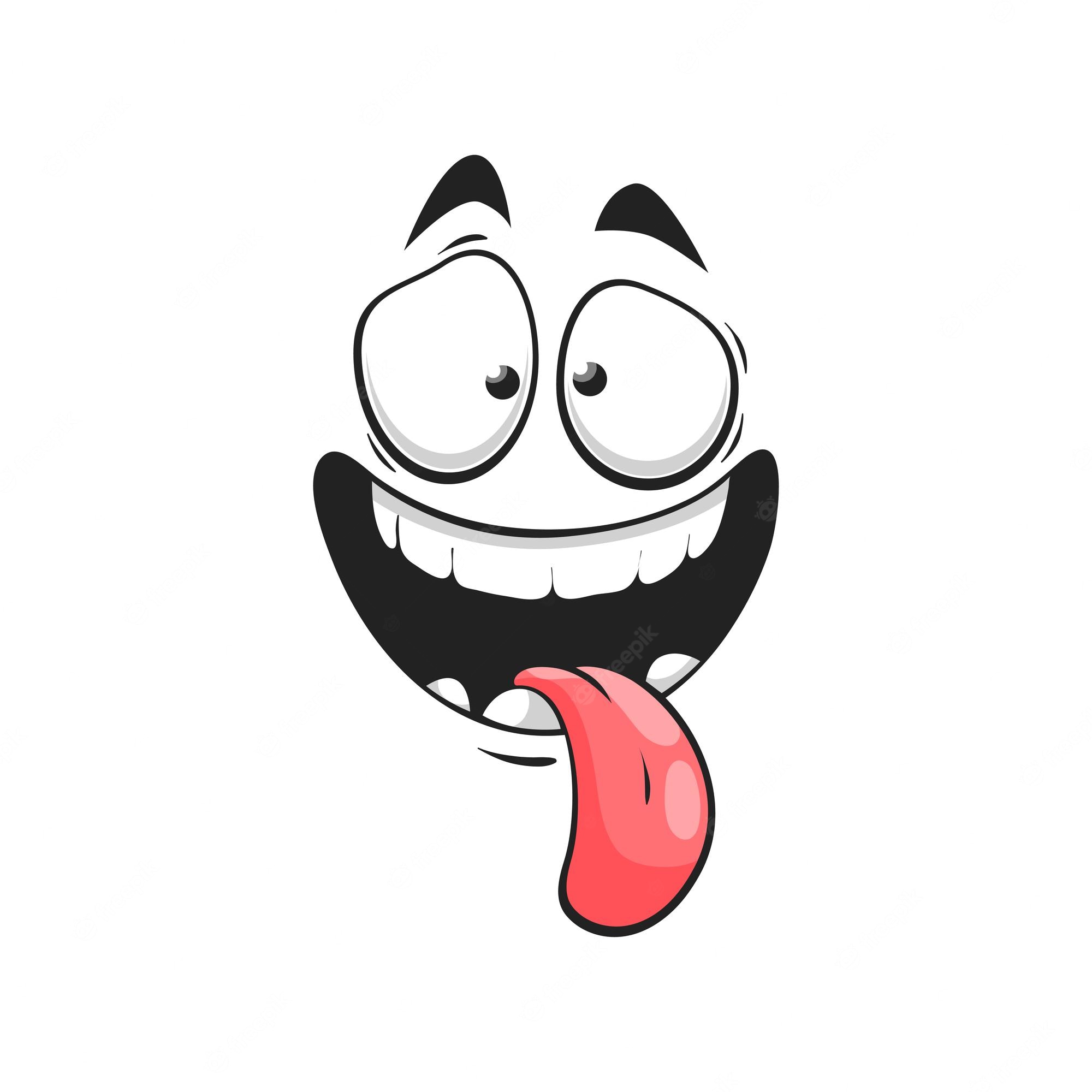 Cartoon face with wide eyes, big grin, and tongue sticking out playfully.