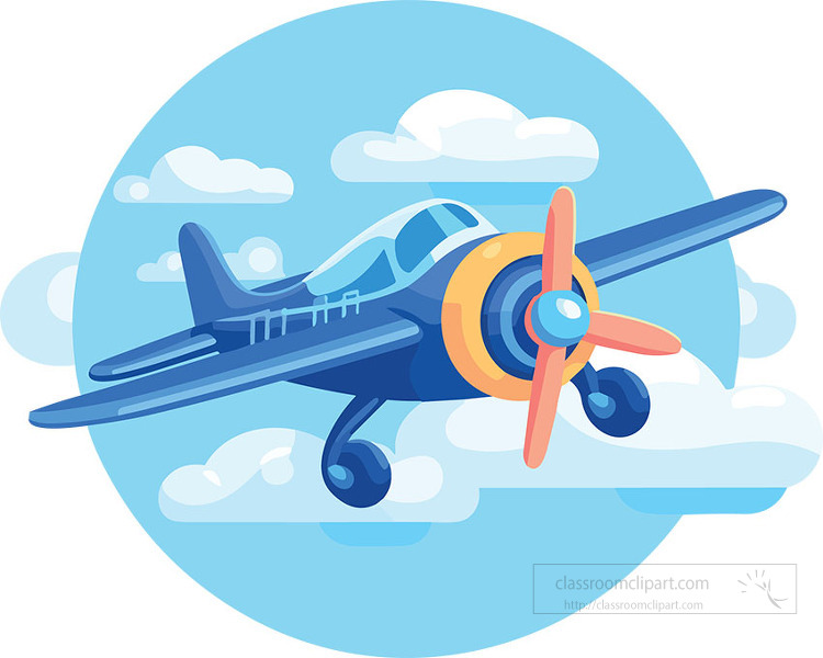 Blue vintage propeller airplane flying through clouds in a circular sky background.