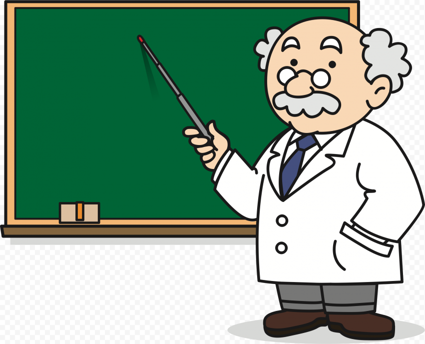Elderly professor in lab coat pointing at green chalkboard with pointer stick.