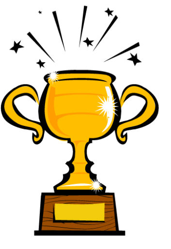 Golden trophy cup with two handles, wooden base, and sparkling stars above, symbolizing victory or achievement.