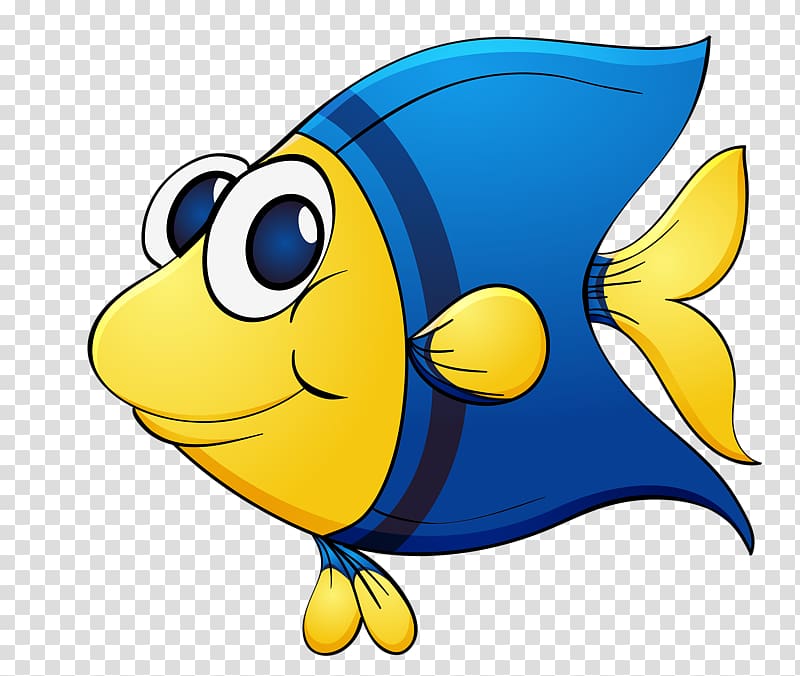 Cheerful cartoon blue-and-yellow fish with big eyes and smiling face on transparent background.
