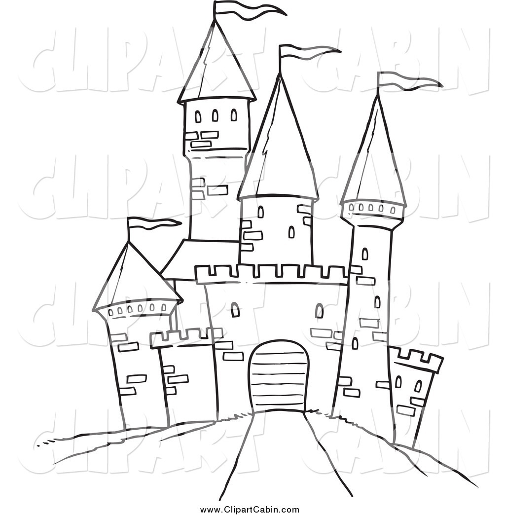 Black-and-white line drawing of a fairy-tale castle with multiple turrets, flags, and a central arched gate.