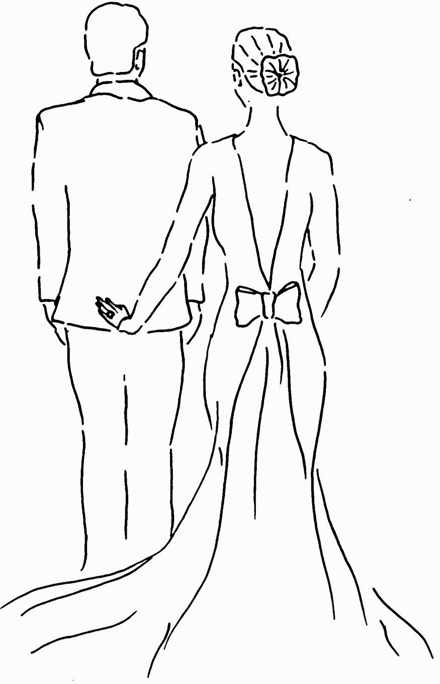 Line drawing of a couple from behind-man in suit, woman in elegant gown with bow and floral hairpiece-holding hands.