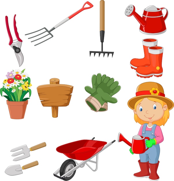 Cartoon gardening tools and a smiling gardener with watering can, boots, gloves, wheelbarrow, and potted flowers.