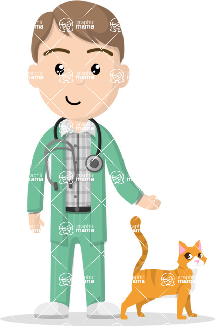 Friendly male veterinarian in green scrubs with stethoscope standing beside an orange tabby cat.