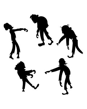 Five black zombie silhouettes in dynamic walking and reaching poses on a white background.