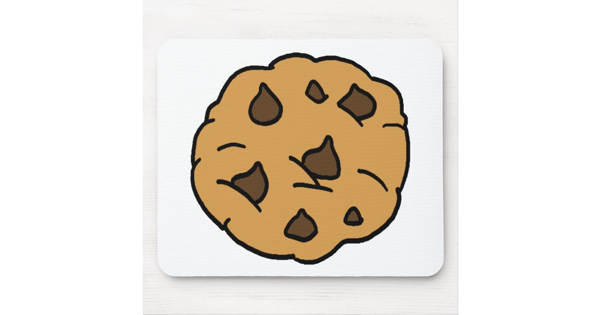 Cartoon-style chocolate chip cookie with expressive eyes and smile on white mousepad background.