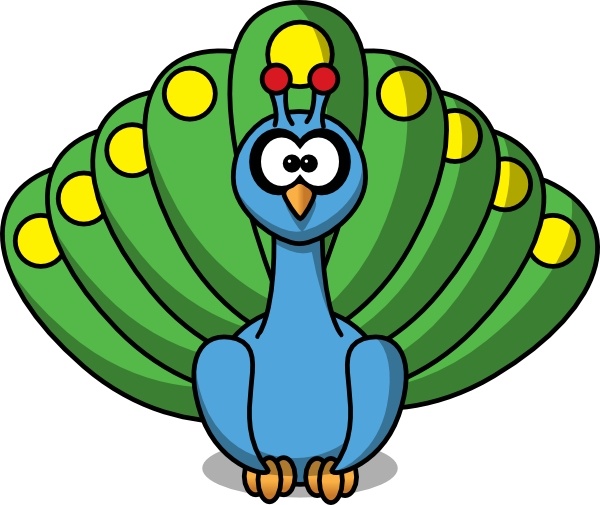 Cartoon blue peacock with green fanned tail and yellow eye-spots, sitting upright with expressive eyes.