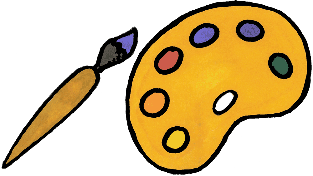A cartoon-style paintbrush with purple paint beside a yellow artist’s palette holding seven colorful paint wells.