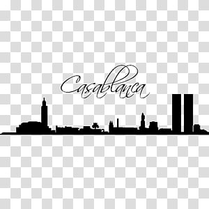 Silhouette skyline of Casablanca with iconic buildings and cursive city name overlay.